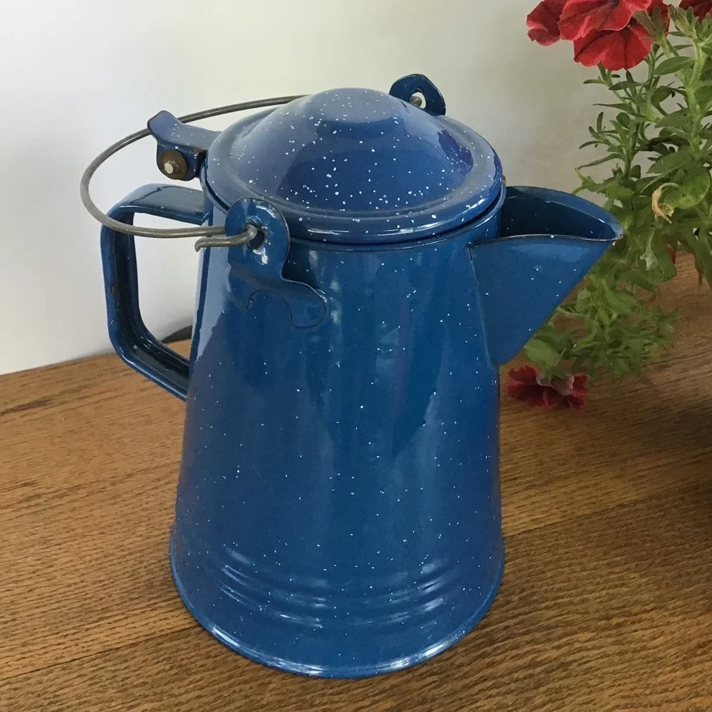 Vintage Blue Speckled Enamel Coffee Pot Kettle Camping Rustic Farmhouse